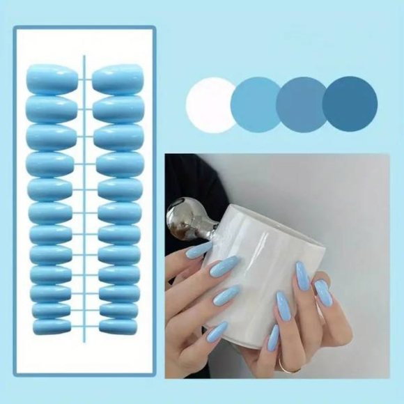 New Glossy Blue 24 Piece Full Set Easy Press On Fake / False Nails Reusable - Picture 4 of 5